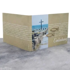 Einladungskarte Konfirmation, Kommunion, Firmung – Kreuz im Meer, Kraftpapieroptik