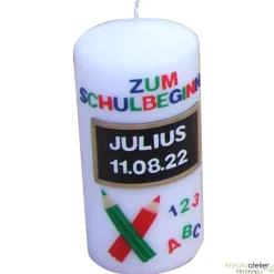 Einschulungskerze personalisierbar mit Schiefertafel und Buntstiften, Kerze Einschulung, Geschenk Schulanfang mit Name