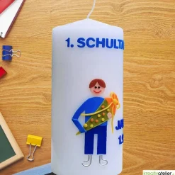 Einschulungskerze personalisierbar mit i-Dötzchen und Schultüte, Kerze Einschulung, Kerze erster Schultag