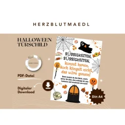 Einzigartige Halloween Dekoration - Türschild mit Gespenst, Kürbis | Gruselige Halloween Haus Deko - Print DIN A4 | Kind