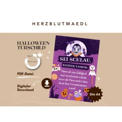 Einzigartige Halloween Haus Deko – Türschild mit Vampir Motiv in DIN A4 als Print | Kinder -Halloweenparty