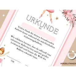 Einzigartige Urkunden für Kinder - Tanz Zertifikat - Gastgeschenk Ballett Mädchen