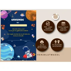 Einzigartige Weltraum Mitgebsel für den Universum-Kindergeburtstag oder die Weltallparty | Urkunde zum Ausdrucken in A4