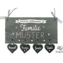 einzigartiges Willkommensschild aus Schiefer für Familien mit Name personalisiert, individuelles Geschenk zur Hochzeit, wetterfestes Schieferschild mit Herzanhänger