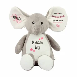 Elefant Stofftier mit Name Geschenkidee zur Taufe, Geburt personalisiert mit Namen Geburtsdaten Taufspruch