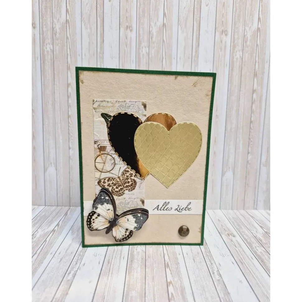 Elegante Geburtstagskarte Schmetterling Weiß Gold Herzen – Handgemacht mit Umschlag