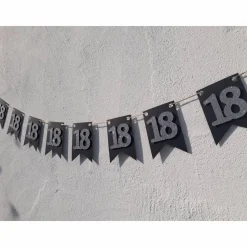 Elegante Girlande aus Papier zum 18. Geburtstag in silber und schwarz, Wimpelkette, Fahnengirlande, Wimpel, Partydekoration, Papierdekoration