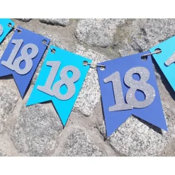 Elegante Girlande zum 18. Geburtstag in Blau und Silber, Wimpelkette, Banner, Dekoration, Papier-Deko, Partydekoration