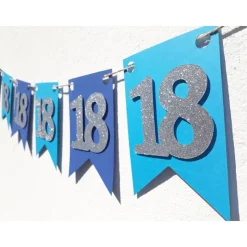 Elegante Girlande zum 18. Geburtstag in Blau und Silber, Wimpelkette, Banner, Dekoration, Papier-Deko, Partydekoration