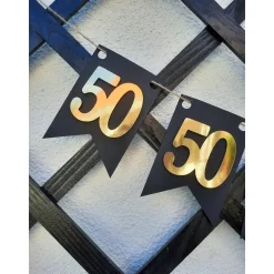 Elegante Girlande zum 50. Geburtstag in Gold und Schwarz. Angesagte Trendfarben! Tolle Papierdeko zum 50. Wimpelkette zu