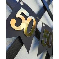 Elegante Girlande zum 50. Geburtstag in Gold und Schwarz. Angesagte Trendfarben! Tolle Papierdeko zum 50. Wimpelkette zu