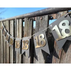 Elegante Girlande zum 18. Geburtstag, Wimpelkette, Fahnengirlande, Gold oder Silber und Schwarz, Wimpel, Partydekoration