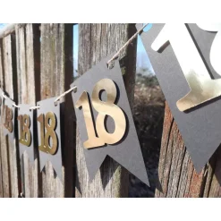 Elegante Girlande zum 18. Geburtstag, Wimpelkette, Fahnengirlande, Gold oder Silber und Schwarz, Wimpel, Partydekoration