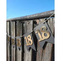 Elegante Girlande zum 18. Geburtstag, Wimpelkette, Fahnengirlande, Gold oder Silber und Schwarz, Wimpel, Partydekoration