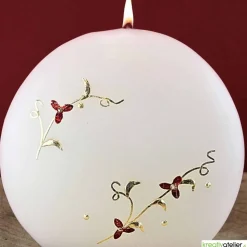 Elegante Hochzeitskerze Scheibenform mit Blumenranke in Rot/Gold, personalisierbar, perfekt für Standesamt oder Geschenk