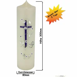 Elfenbeinfarbige Hochzeitskerze mit Flieder-Kreuz und Blumenranke, personalisierbar, elegante Hochzeitsdeko