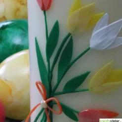 Elfenbeinfarbige Osterkerze mit Tulpen, Osternest und Häschen, personalisierbar, Ostergeschenk, Osterdeko, Ostergruß