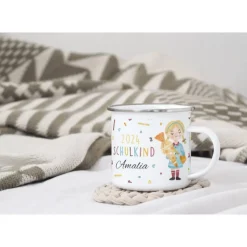 Emaille Tasse Schulkind, Tasse zur Einschulung, Einschulungsgeschenk, Tasse Einschulung individualisierbar Mädchen