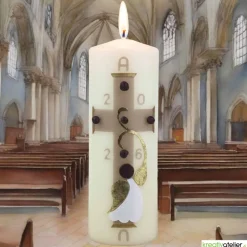 Engel des Lichts – Christliche Osterkerze mit goldenen Engelsflügeln & Kreuz, hochwertige Echtwachskunst