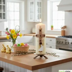 Engel des Lichts – Christliche Osterkerze mit goldenen Engelsflügeln & Kreuz, hochwertige Echtwachskunst