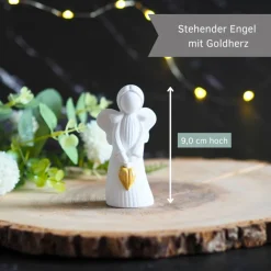 Engel stehend mit Goldherz - handgemachter Schutzengel aus Gießkeramik