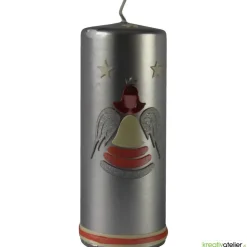 Engel-Kerze, Weihnachtskerze in Creme/Lachs/Silber, schlicht mit Wachsband und cremefarbenen Sternen
