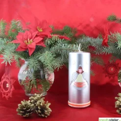 Engel-Kerze, Weihnachtskerze in Creme/Lachs/Silber, schlicht mit Wachsband und cremefarbenen Sternen
