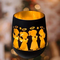 Engel-Windlichter aus Glas mit Lasergravur in schwarz-gold als Geschenkidee | Mitbringsel in 2 Größen 10 cm und 12 cm