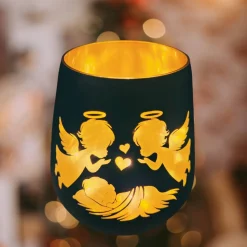 Engel-Windlichter aus Glas mit Lasergravur in schwarz-gold als Geschenkidee | Mitbringsel in 2 Größen 10 cm und 12 cm