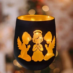 Engel-Windlichter aus Glas mit Lasergravur in schwarz-gold als Geschenkidee | Mitbringsel in 2 Größen 10 cm und 12 cm