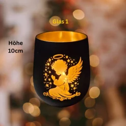 Engel-Windlichter aus Glas mit Lasergravur in schwarz-gold als Geschenkidee | Mitbringsel in 2 Größen 10 cm und 12 cm