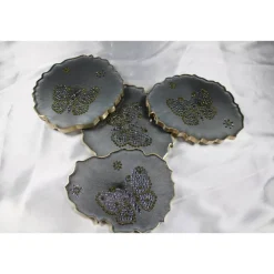 4er Set Coaster Untersetzer mit Schmetterlingen aus Resin - silber grau - Goldrand - Tischdekoration