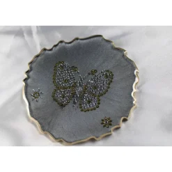 4er Set Coaster Untersetzer mit Schmetterlingen aus Resin - silber grau - Goldrand - Tischdekoration