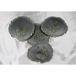 4er Set Coaster Untersetzer mit Schmetterlingen aus Resin - silber grau - Goldrand - Tischdekoration