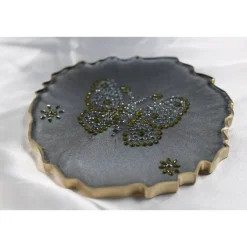 4er Set Coaster Untersetzer mit Schmetterlingen aus Resin - silber grau - Goldrand - Tischdekoration