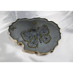 4er Set Coaster Untersetzer mit Schmetterlingen aus Resin - silber grau - Goldrand - Tischdekoration