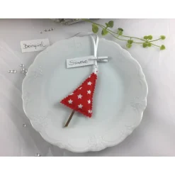 10er Set kleine Tannenbäume rot/weiß – Handgemachte Weihnachtsdeko & Geschenkanhänger