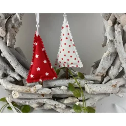 10er Set kleine Tannenbäume rot/weiß – Handgemachte Weihnachtsdeko & Geschenkanhänger