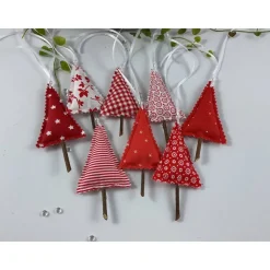 8er Set kleine Tannenbäume rot/weiß – Handgemachte Weihnachtsdeko & Geschenkanhänger