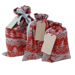 3er Set Nikolaussäckchen mit Norweger Muster Print, Weihnachtssäckchen