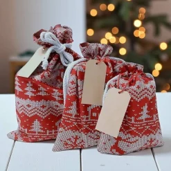 3er Set Nikolaussäckchen mit Norweger Muster Print, Weihnachtssäckchen