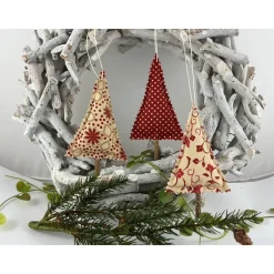 3er Set Tannenbäume dunkelrot/beige – Handgemachte Weihnachtsdeko & Geschenkanhänger