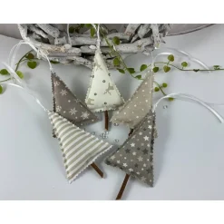 5er Set Tannenbäume natur/taupe – Handgemachte Weihnachtsdeko & Geschenkanhänger