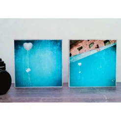 2er Set Valentinstag Herz Luftballon Liebe, Foto auf Holz, im Quadrat, 13 x 13 cm handmade