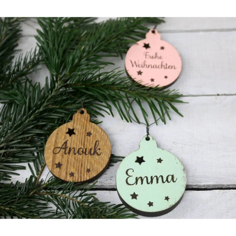 10er SET Vintage WEIHNACHTSKUGELN aus Altholz mit Name PERSONALISIERT Weihnachtsbaum Geschenkanhänger Holz Weihnachten Christbaumkugel Stern