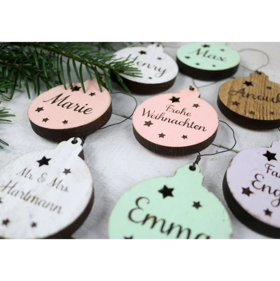 10er SET Vintage WEIHNACHTSKUGELN aus Altholz mit Name PERSONALISIERT Weihnachtsbaum Geschenkanhänger Holz Weihnachten Christbaumkugel Stern