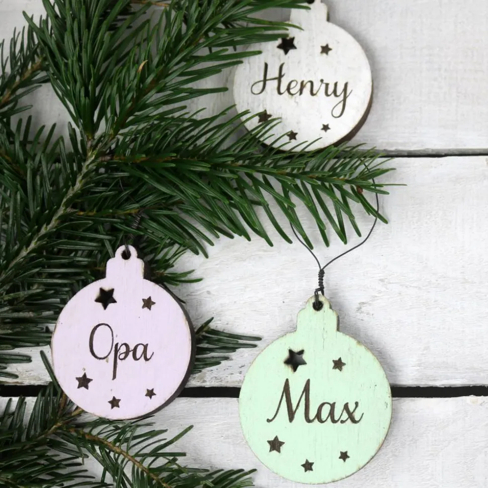 10er SET Vintage WEIHNACHTSKUGELN aus Altholz mit Name PERSONALISIERT Weihnachtsbaum Geschenkanhänger Holz Weihnachten Christbaumkugel Stern