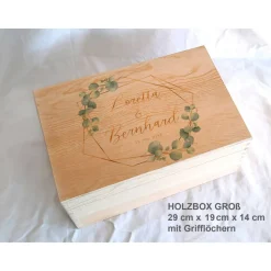 Erinnerungsbox aus Holz Hochzeit Design Eukalyptus Gold