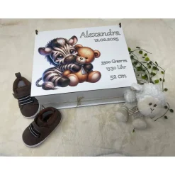 Erinnerungsbox für Baby, Erinnerungskiste, personalisierte Erinnerungskiste, Baby Geschenk Zebra mit Bär