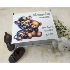 Erinnerungsbox für Baby, Erinnerungskiste, personalisierte Erinnerungskiste, Baby Geschenk Zebra mit Bär